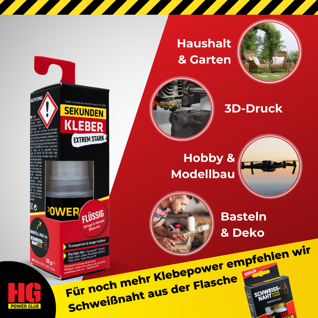 HG Power Glue Sekundenkleber: ideal für Haushalt, Garten, 3D-Druck und Hobby.